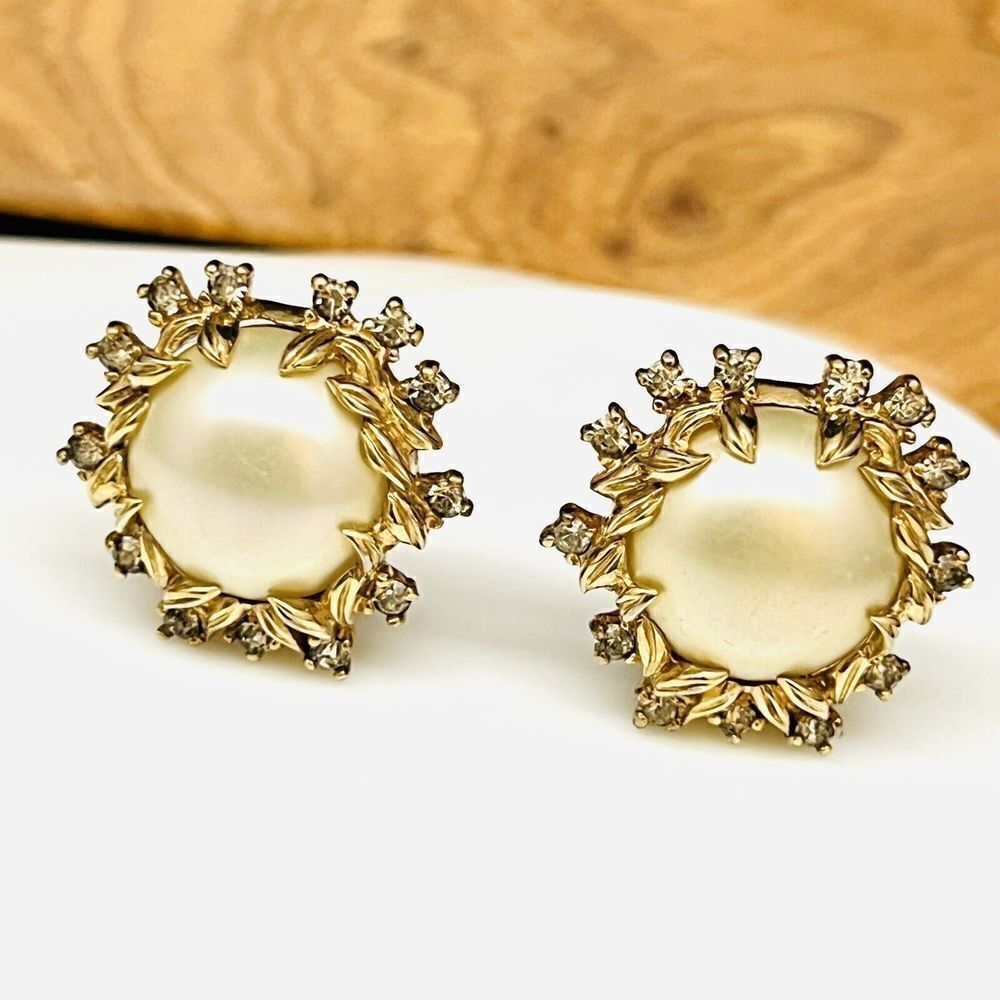 Vintage RARE 50s JOMAZ Mazer Gold Clear Rhinestone Pearl Leaf Clip On Earrings